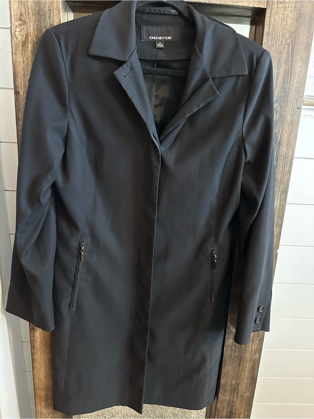 Jones New York Black Longline Jacket Coat Size S Hidden Snap Front Zip Pockets